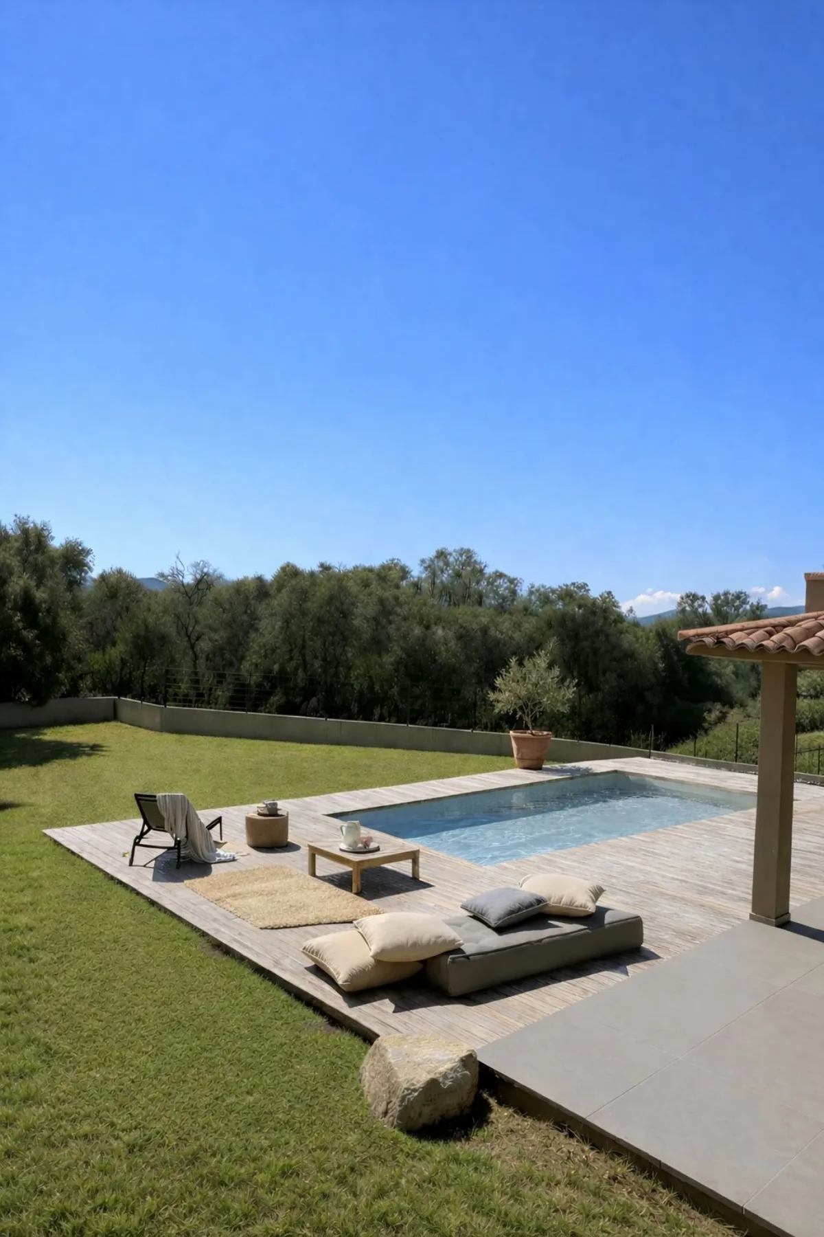 Piscine privative et terrasse en bois avec vue dégagée sur le maquis corse