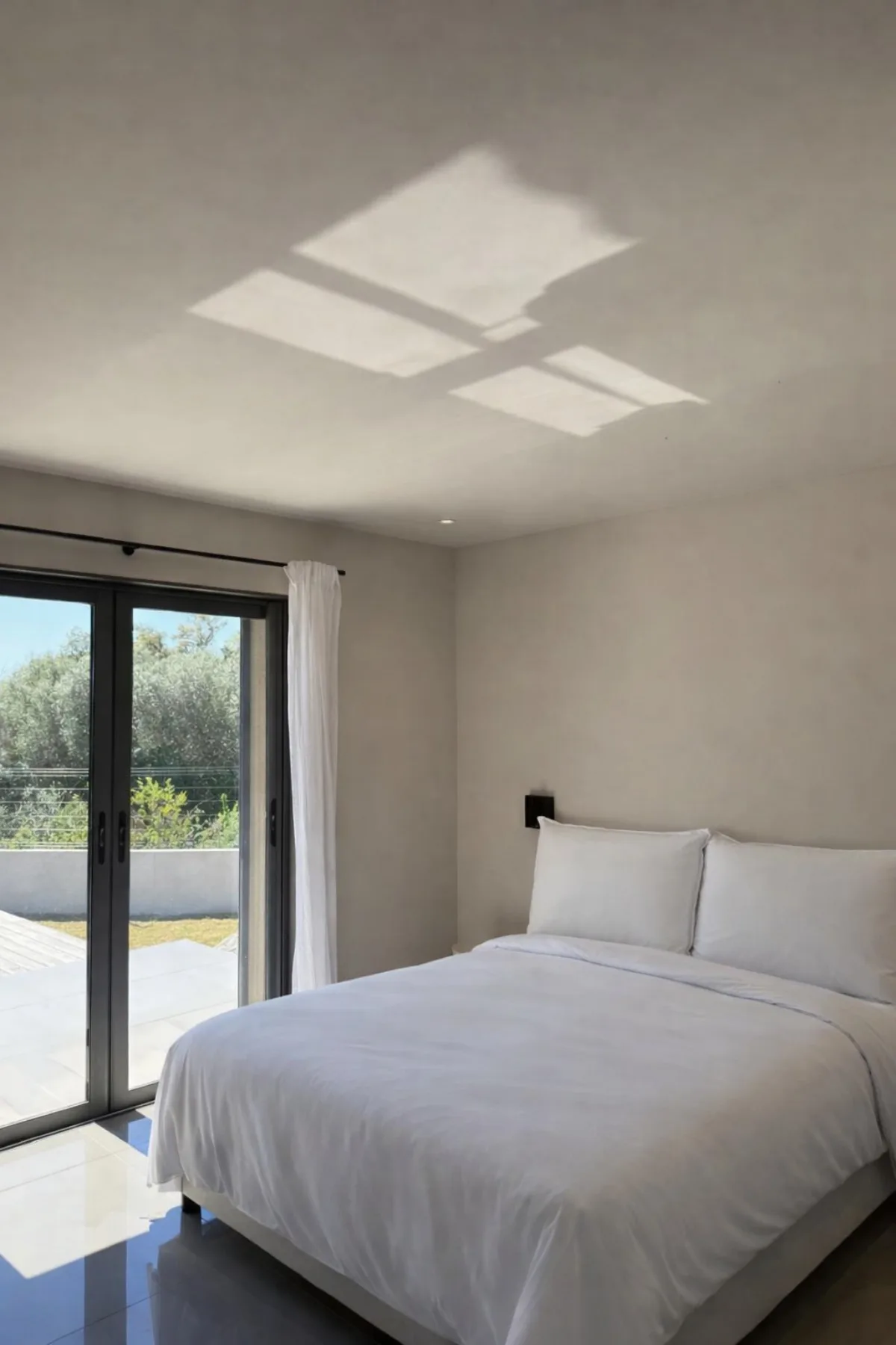 Chambre paisible aux tons clairs avec accès direct sur le jardin de la villa